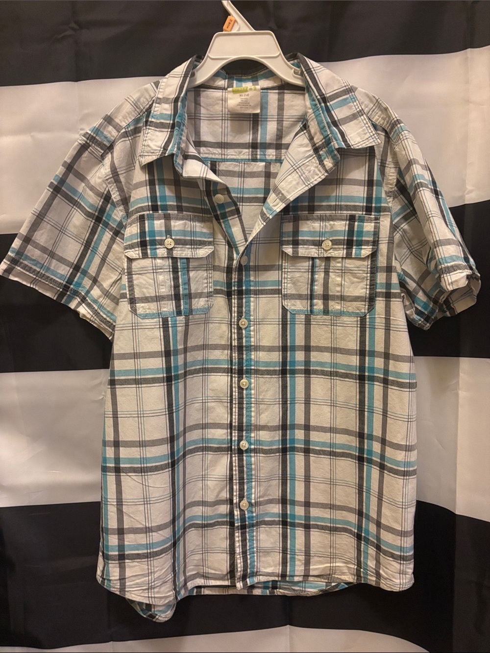 Crazy 8 Plaid Short-Sleeve Button-Down Shirt — White, Teal & Gray